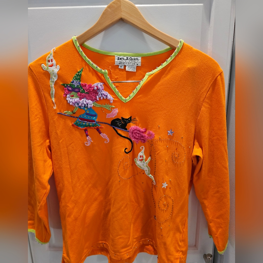 Halloween Witch On Broomstick And Ghosts! Embellished Sparkle Shine And Fun!